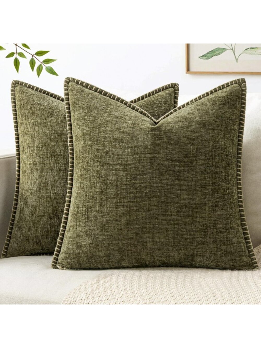 Olive Green Decorative Throw Pillow Covers 20x20 Inch - Set of 2, Cozy Home